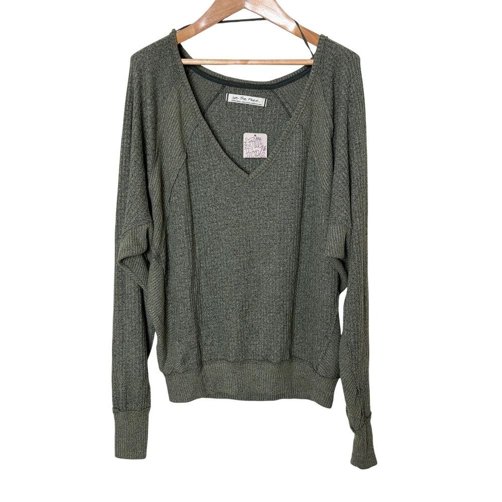 Free People We The Free Army Green V-Neck Dolman Thermal Knit Top XS